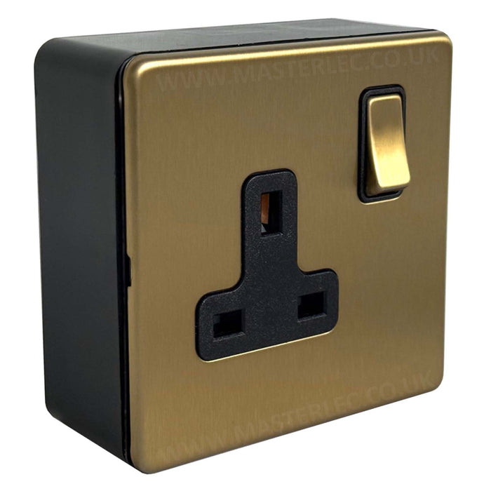 Antique Gold / Satin Brass Screwless 1 Gang Single Socket & 32mm Black Surface Pattress Back Box