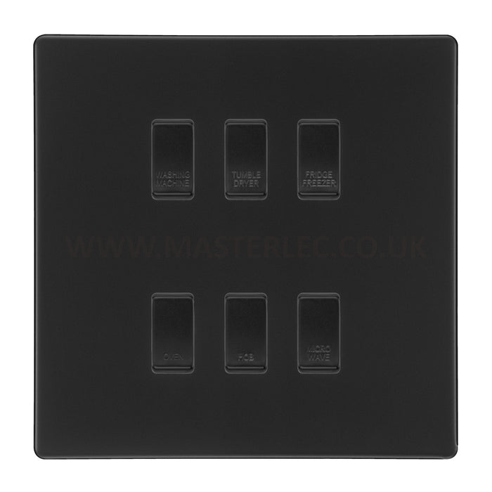 BG Screwless Flatplate Matt Black 6 Gang Engraved Appliance Custom Labelled Grid Switch