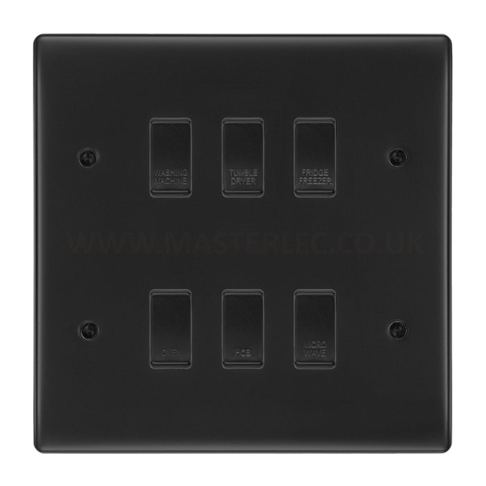BG Matt Black 6 Gang Engraved Appliance Custom Labelled Grid Switch