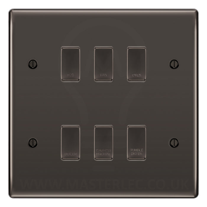 BG Black Nickel 6 Gang Engraved Custom Labelled Appliance Grid Switch