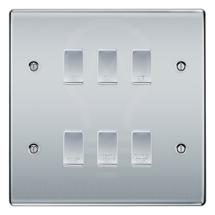 BG Polished Chrome 6 Gang Engraved Custom Labelled Appliance Grid Switch