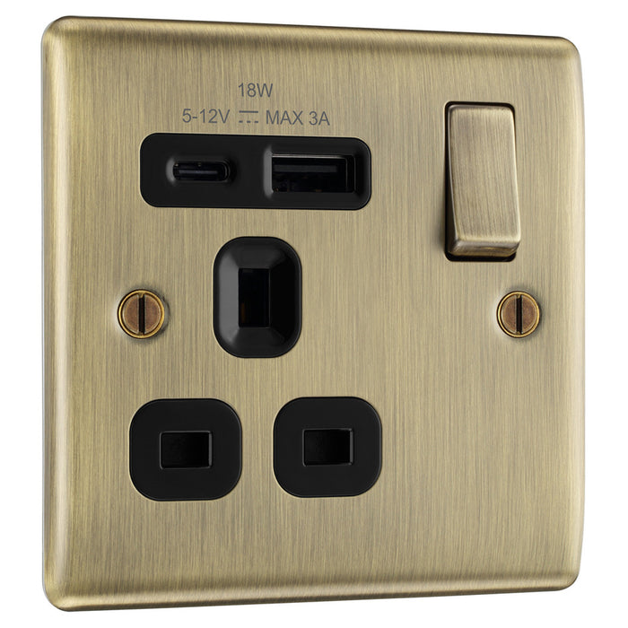 BG NAB21UAC18B Antique Brass Single Socket with USB 18W Type A & C USB Black Inserts