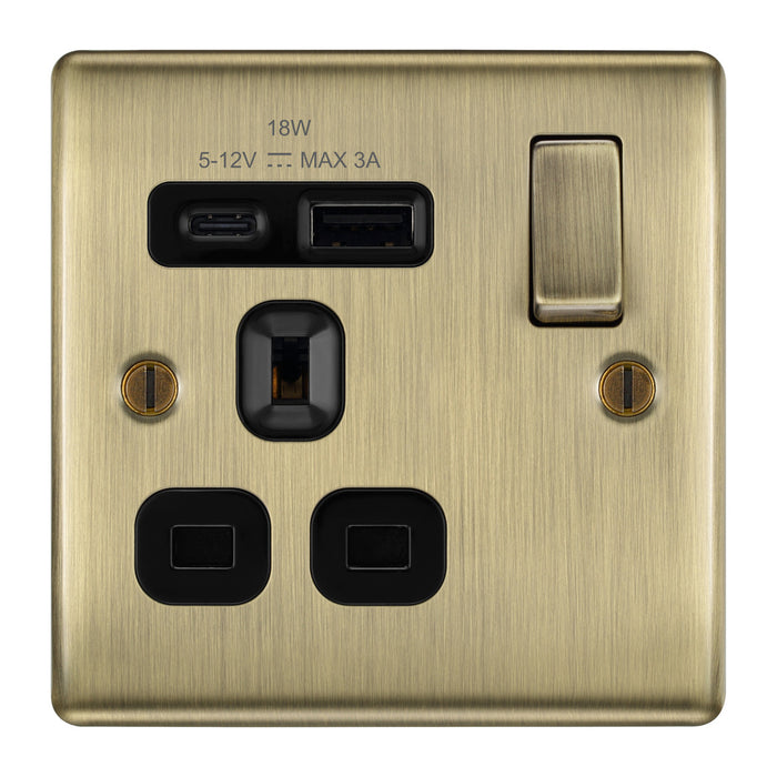 BG NAB21UAC18B Antique Brass Single Socket with USB 18W Type A & C USB Black Inserts