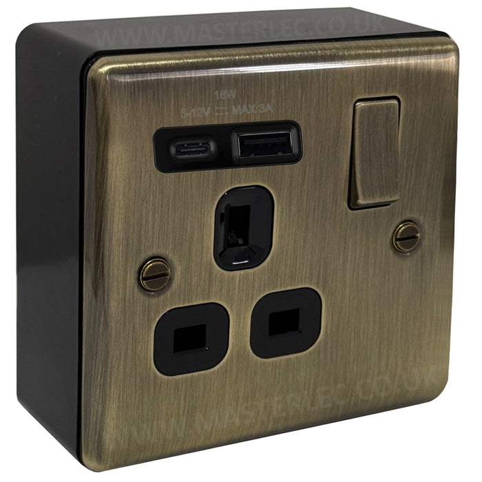 Antique Brass USB Single Socket 18W Type A&C & 32mm Black Surface Pattress Back Box