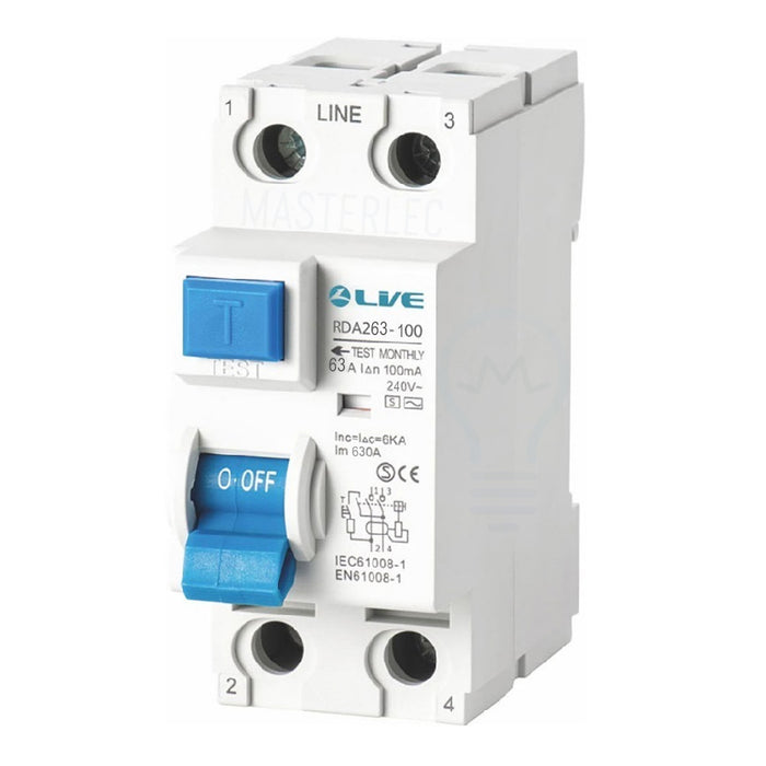 Live Electrical 2 Pole 63 Amp 100mA Type A High Immunity RCD RDA263-100