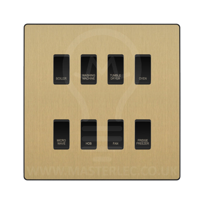 BG Evolve Satin Brass Custom Appliance Grid Switch 8 Gang Screwless