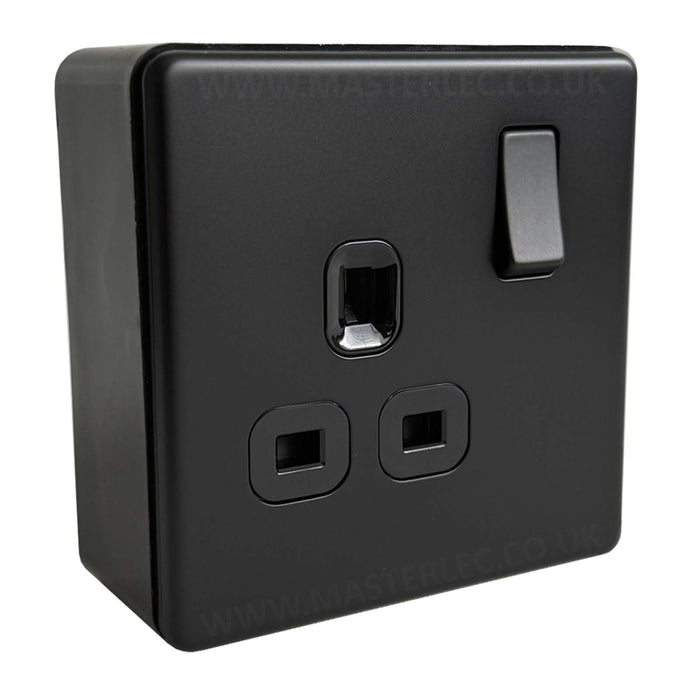 Matt Black Screwless Flatplate Single Socket with 32mm Black Surface Pattress Back Box