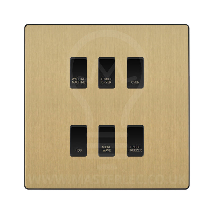 BG Evolve Satin Brass Custom Appliance Grid Switch 6 Gang Screwless