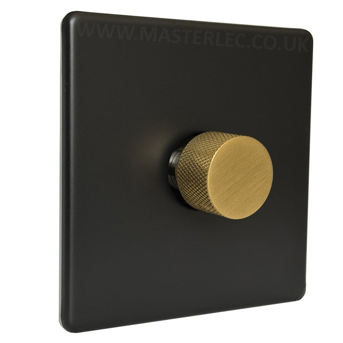 Matt Black Screwless Single 1 Gang Dimmer Switch with Satin Brass / Antique Gold Knurled Dimmer Knob