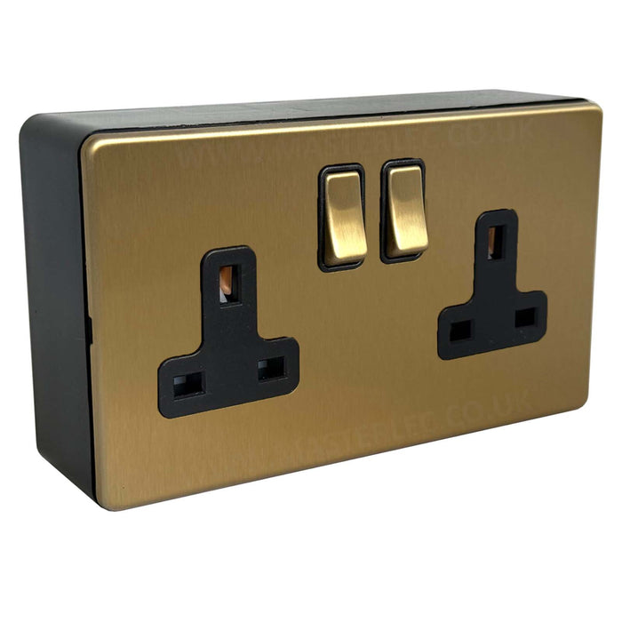 Antique Gold / Satin Brass Screwless 2 Gang Double Socket & 32mm Black Surface Pattress Back Box