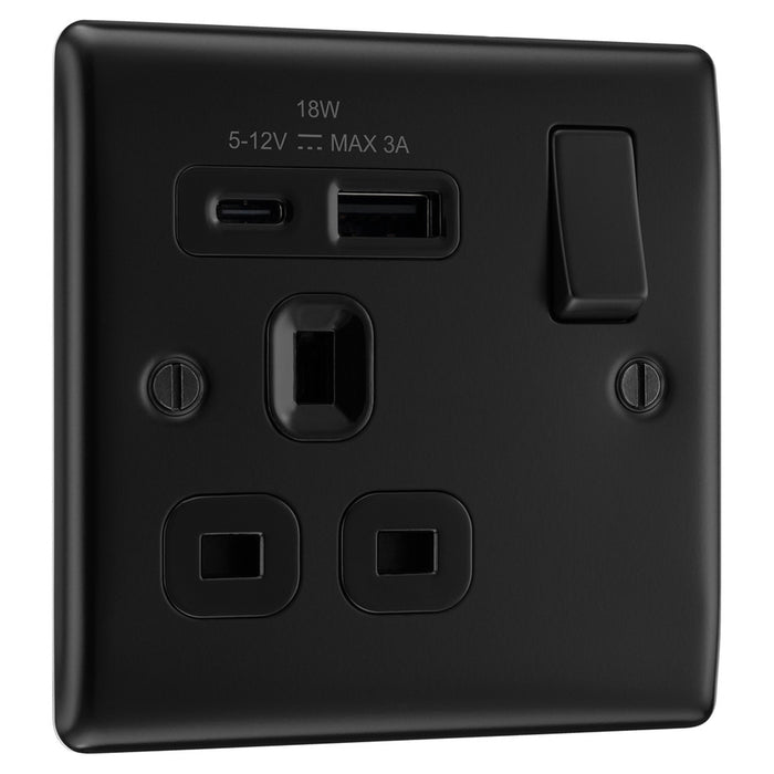 BG NFB21UAC18B Matt Black Single Socket with USB 18W Type A & C USB Black Inserts