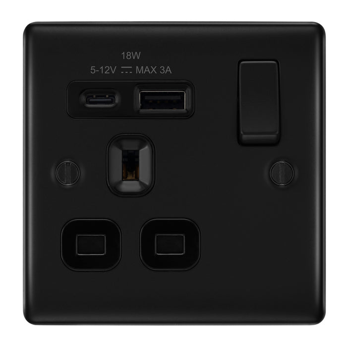 BG NFB21UAC18B Matt Black Single Socket with USB 18W Type A & C USB Black Inserts