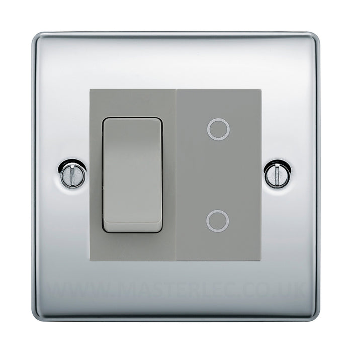 BG Polished Chrome 2 Gang Custom Switch 1x 2 Way Switch 1x Master Touch Dimmer Grey Inserts