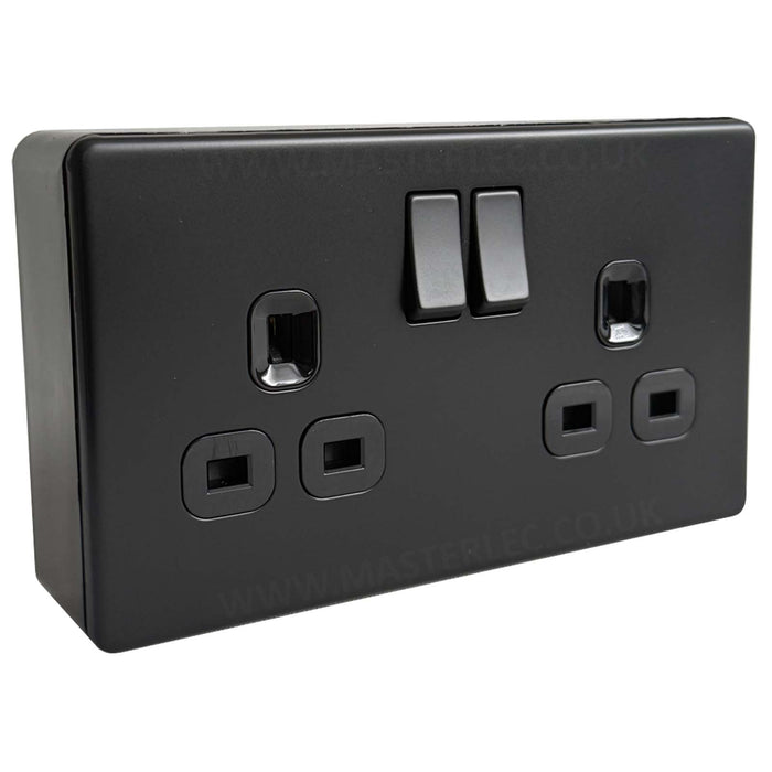 Matt Black Screwless Flatplate Double Socket FFB22B with 32mm Black Surface Pattress Back Box
