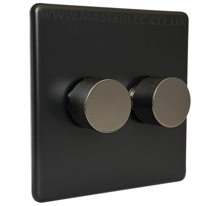Matt Black Screwless Double 2 Gang Dimmer Switch with Black Nickel Knurled Dimmer Knob