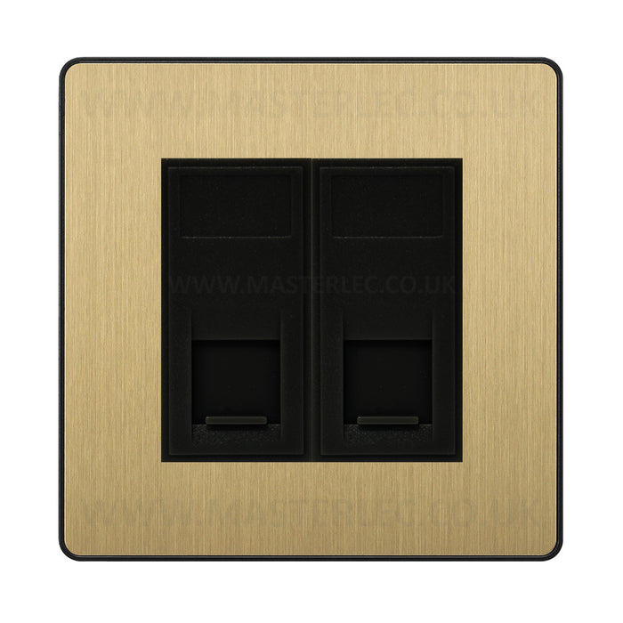 BG Evolve Satin Brass PCDSBRJ4526AB 2 Gang RJ45 CAT6A Data Ethernet Outlet Socket Black Insert
