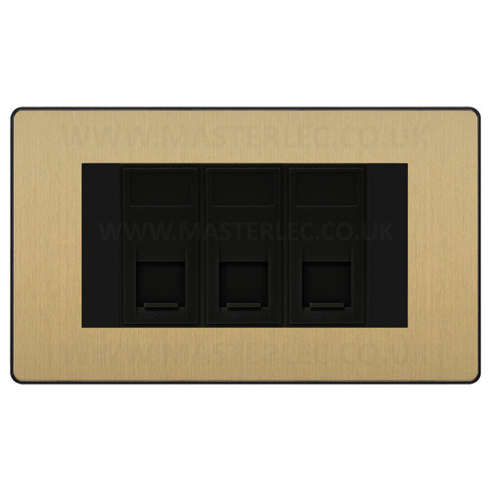 BG Evolve Satin Brass PCDSBRJ4536AB 3 Gang RJ45 CAT6A Data Ethernet Outlet Socket Black Insert