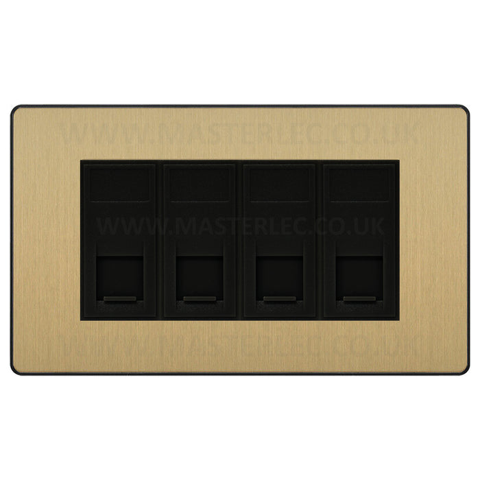 BG Evolve Satin Brass PCDSBRJ4546AB 4 Gang RJ45 CAT6A Data Ethernet Outlet Socket Black Insert