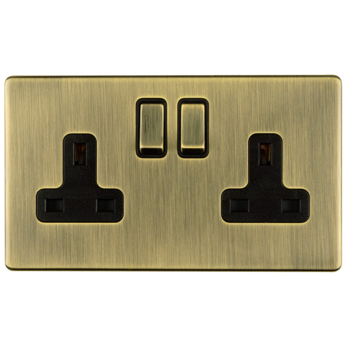 Antique Brass Screwless Switched Double Socket DP 13 Amp Flat Concealed Plate CAB22B