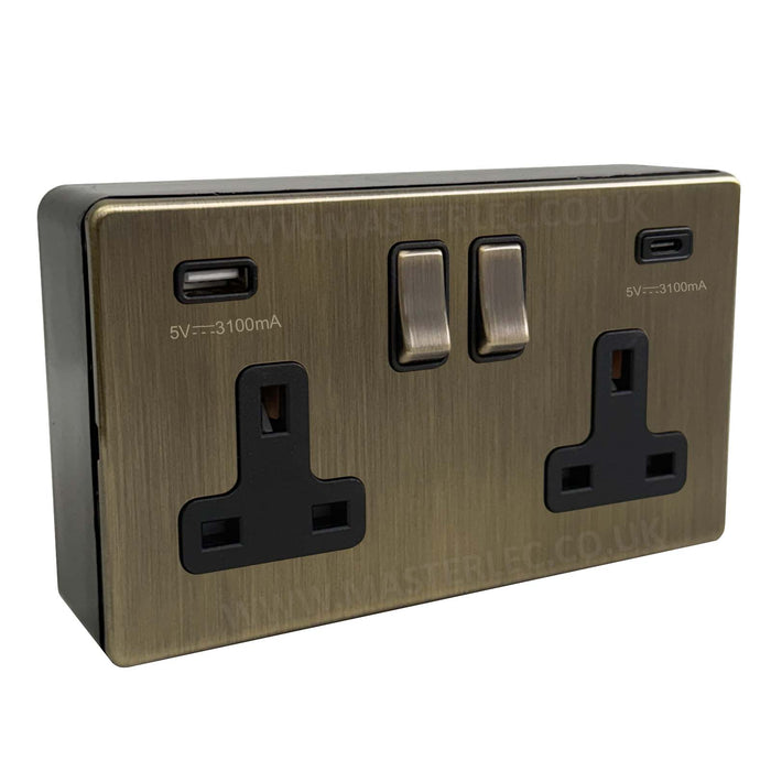 Antique Brass Screwless USB Double Socket (Type A & C) & 32mm Black Surface Pattress Back Box