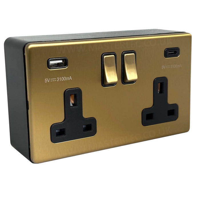 Antique Gold / Satin Brass Screwless USB Double Socket (Type A & C) & 32mm Black Surface Pattress Back Box