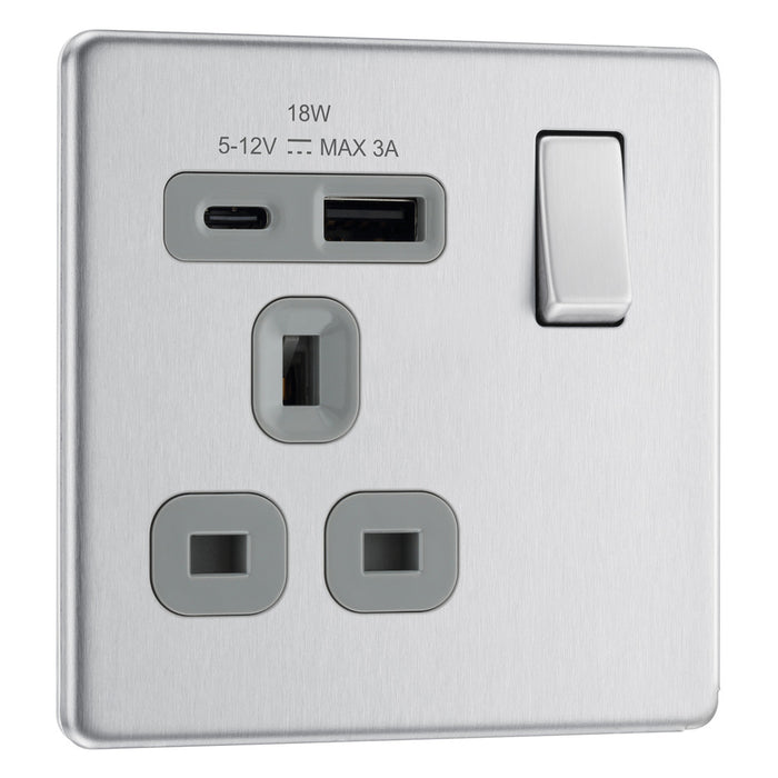 BG Screwless FBS21UAC18G Brushed Steel USB Single Socket 18W Type A & C USB Grey Inserts