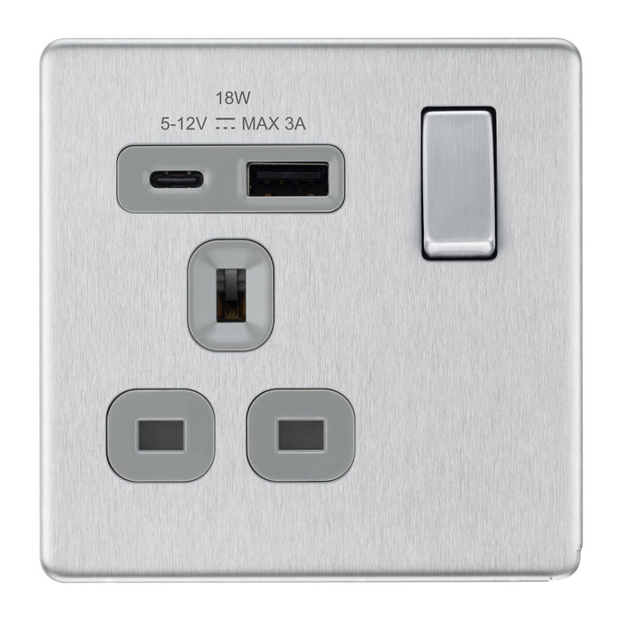 BG Screwless FBS21UAC18G Brushed Steel USB Single Socket 18W Type A & C USB Grey Inserts