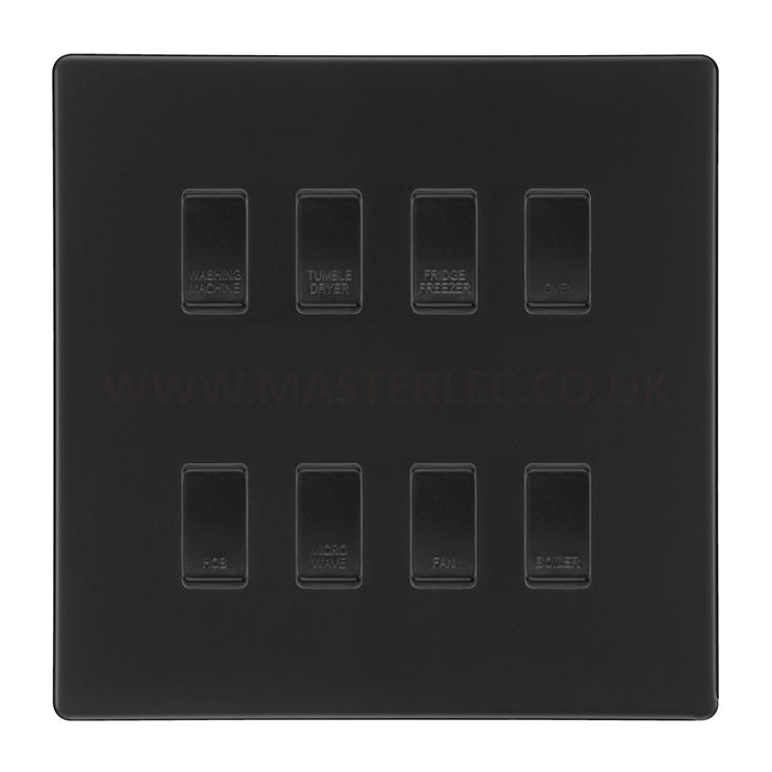 BG Screwless Flatplate Matt Black 8 Gang Engraved Appliance Custom Labelled Grid Switch