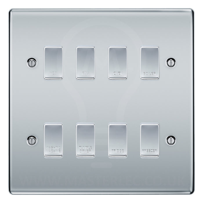 BG Polished Chrome 8 Gang Engraved Custom Labelled Appliance Grid Switch