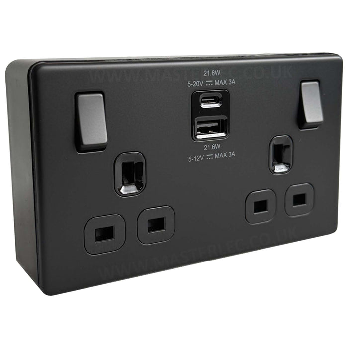 Matt Black Screwless Flatplate Double Socket with USB A + C 22W & 32mm Black Surface Pattress Back Box