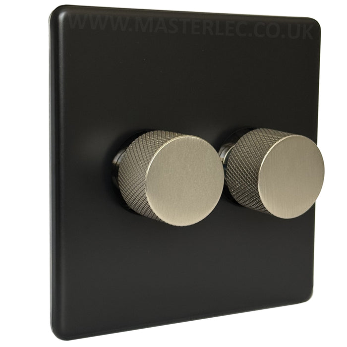 Matt Black Screwless Double 2 Gang Dimmer Switch with Brushed Steel / Stainless Steel Knurled Dimmer Knob