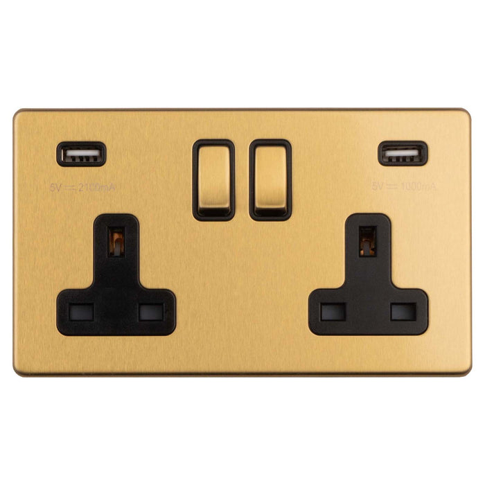 Antique Gold Screwless Switched USB Type A Double Socket Flat Concealed Plate Satin Brass CAG22UAB