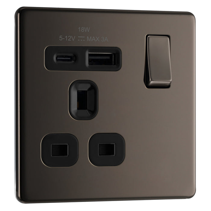 BG Screwless FBN21UAC18B Black Nickel USB Single Socket 18W Type A & C USB Black Inserts