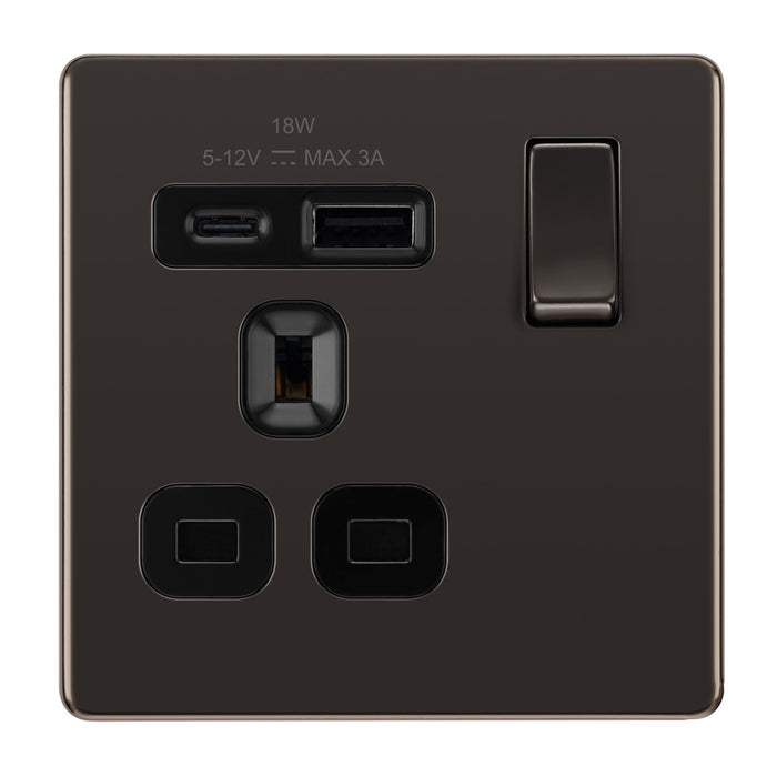 BG Screwless FBN21UAC18B Black Nickel USB Single Socket 18W Type A & C USB Black Inserts