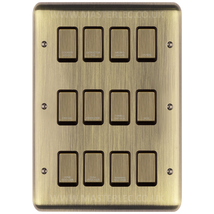 Antique Brass Screwed Custom Labelled Kitchen Appliance Grid Switch 12 Gang EAB12GA