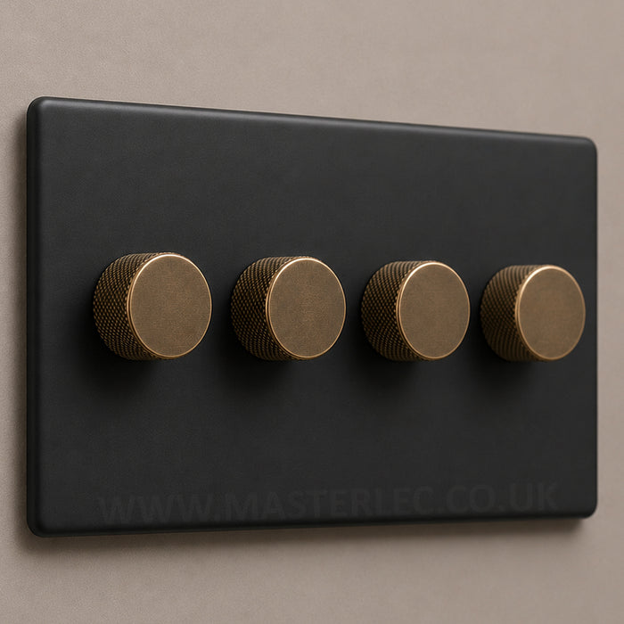 Matt Black Screwless Quad 4 Gang Dimmer Switch with Antique Brass Knurled Dimmer Knob