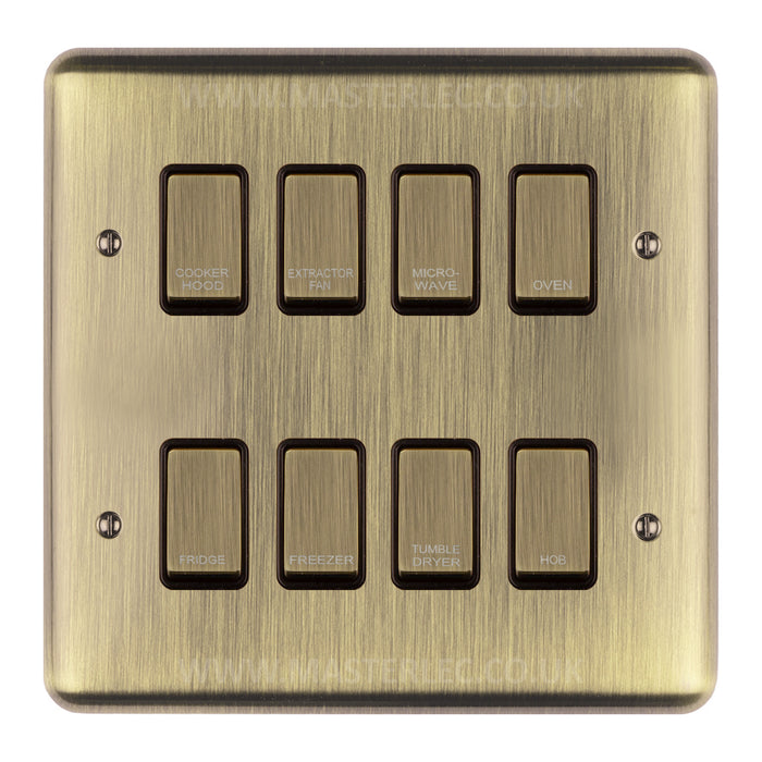 Antique Brass Screwed Custom Labelled Kitchen Appliance Grid Switch 8 Gang EAB8GA