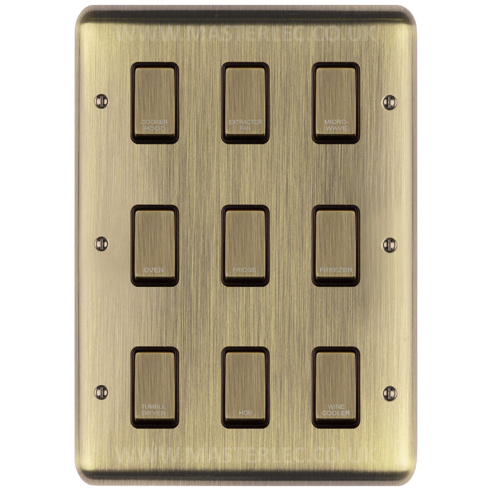 Antique Brass Screwed Custom Labelled Kitchen Appliance Grid Switch 9 Gang EAB9GA