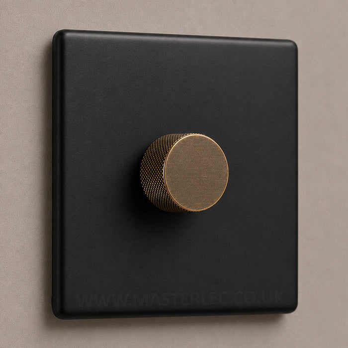 Matt Black Screwless Single 1 Gang Dimmer Switch with Antique Brass Knurled Dimmer Knob