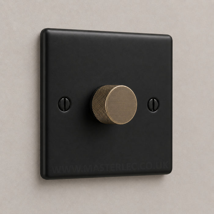 Matt Black 1 Gang Knurled Dimmer Switch with Antique Brass Dimmer Knob