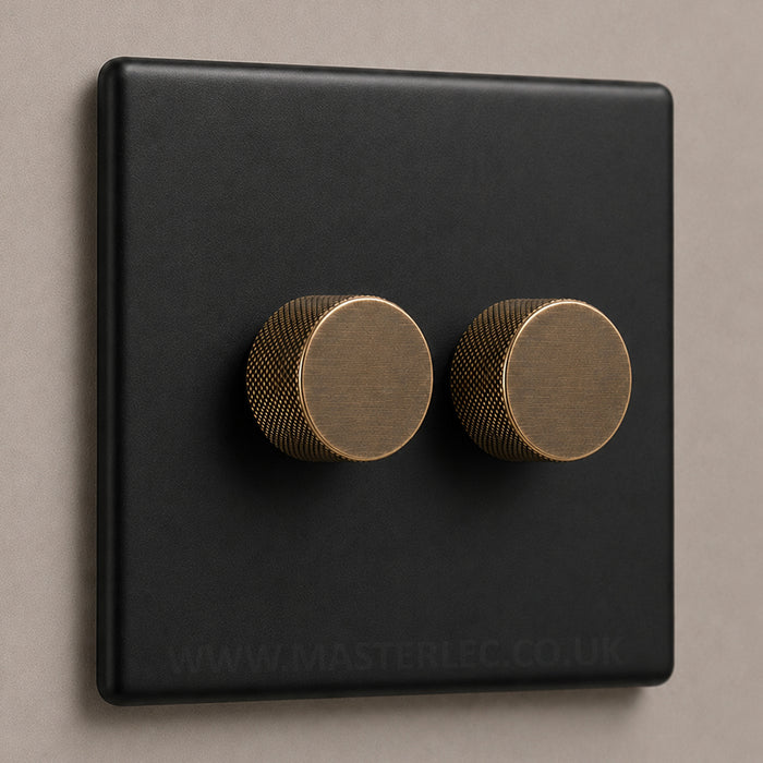 Matt Black Screwless Double 2 Gang Dimmer Switch with Antique Brass Knurled Dimmer Knob