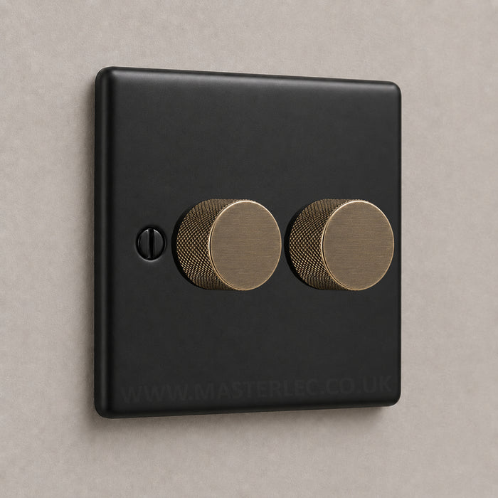 Matt Black 2 Gang Knurled Dimmer Switch with Antique Brass Dimmer Knob