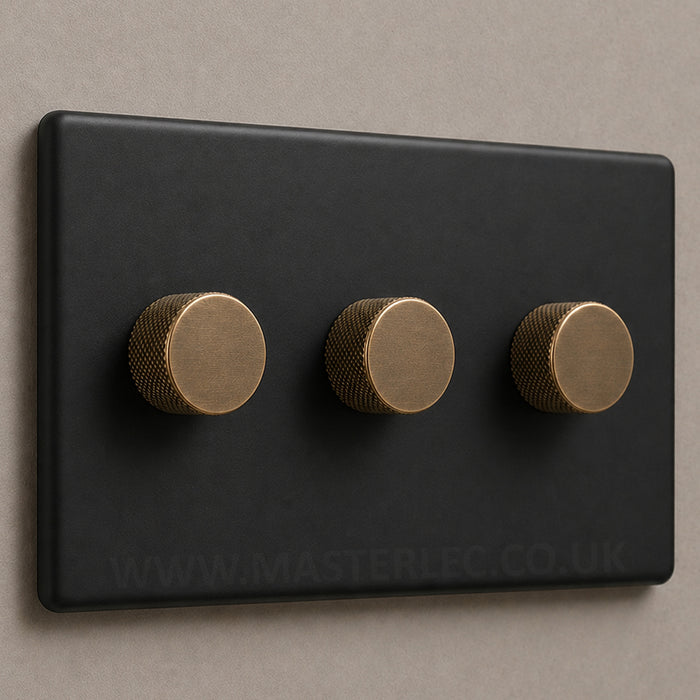 Matt Black Screwless Triple 3 Gang Dimmer Switch with Antique Brass Knurled Dimmer Knob