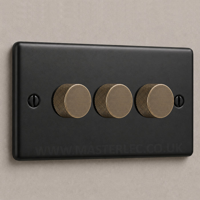 Matt Black 3 Gang Knurled Dimmer Switch with Antique Brass Dimmer Knob