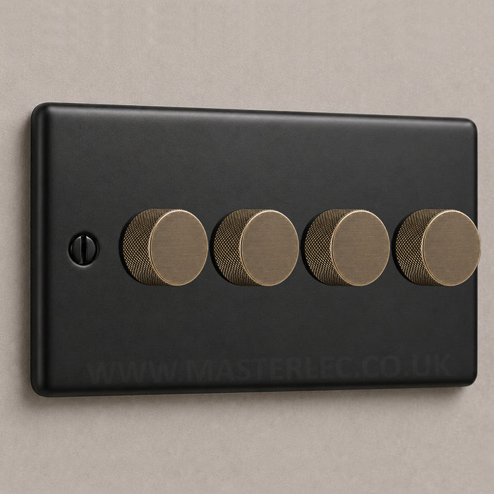 Matt Black 4 Gang Knurled Dimmer Switch with Antique Brass Dimmer Knob
