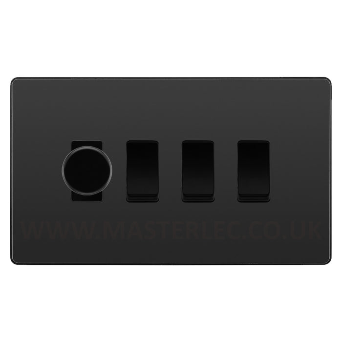 BG Evolve Black Chrome 4 Gang Light Switch 1x Trailing Edge LED Dimmer 3x 2 Way Custom Switch