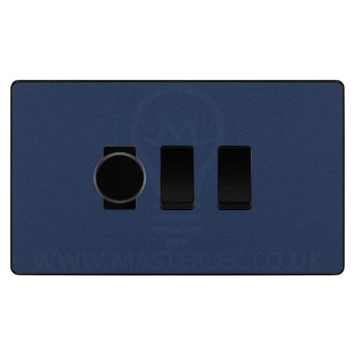 BG Evolve Matt Blue 3 Gang Light Switch 1x Trailing Edge LED Dimmer 2x 2 Way Custom Switch