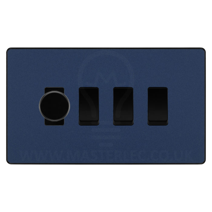 BG Evolve Matt Blue 4 Gang Light Switch 1x Trailing Edge LED Dimmer 3x 2 Way Custom Switch