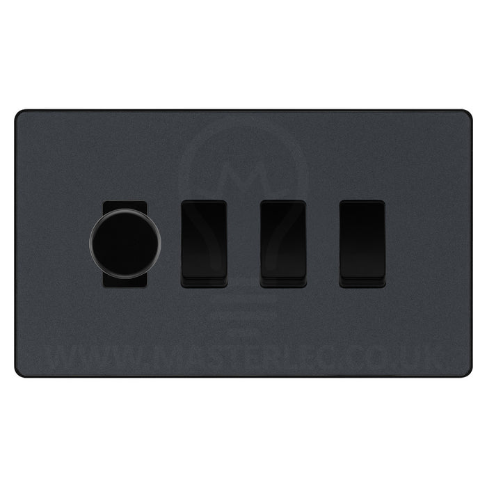 BG Evolve Matt Grey 4 Gang Light Switch 1x Trailing Edge LED Dimmer 3x 2 Way Custom Switch