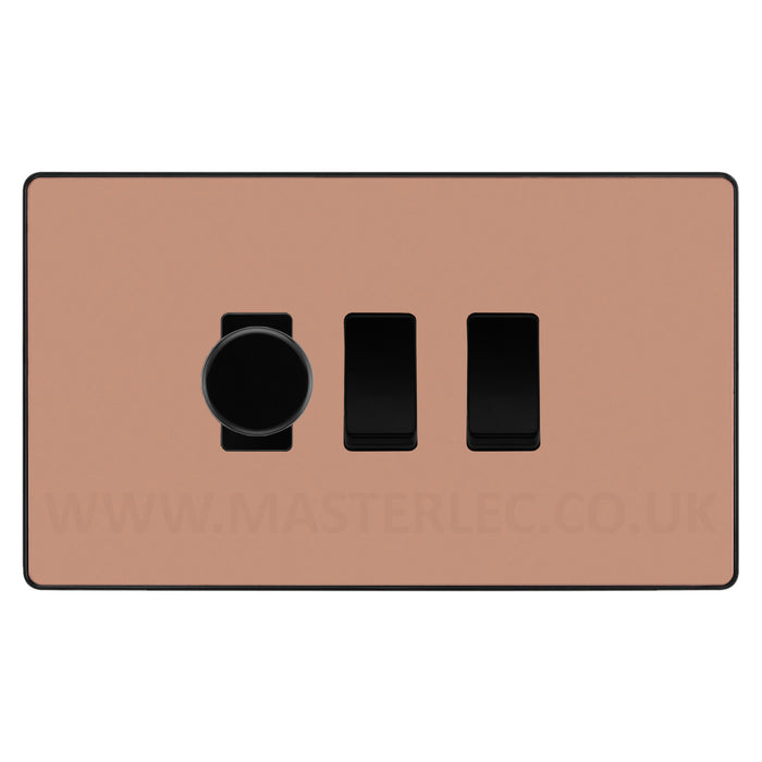 BG Evolve Polished Copper 3 Gang Light Switch 1x Trailing Edge LED Dimmer 2x 2 Way Custom Switch